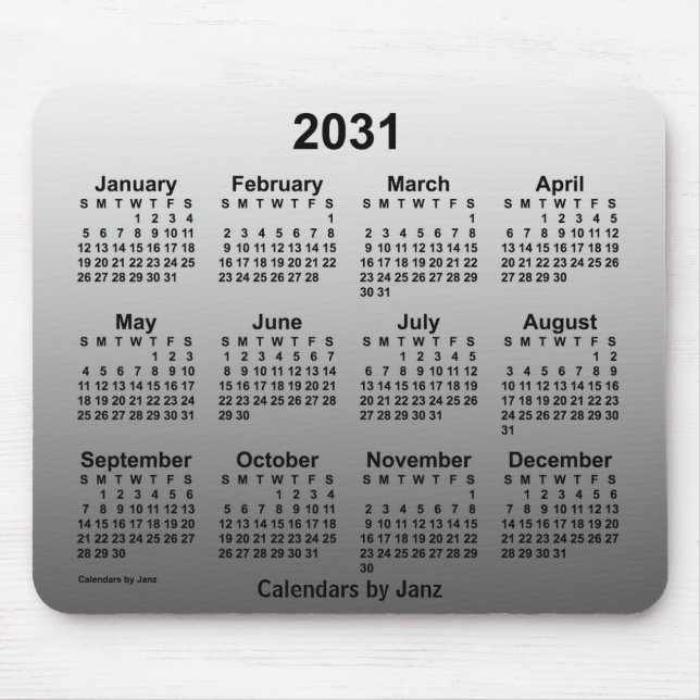 2031 års kalender i vitt från Janz Musmatta (Framsidan)