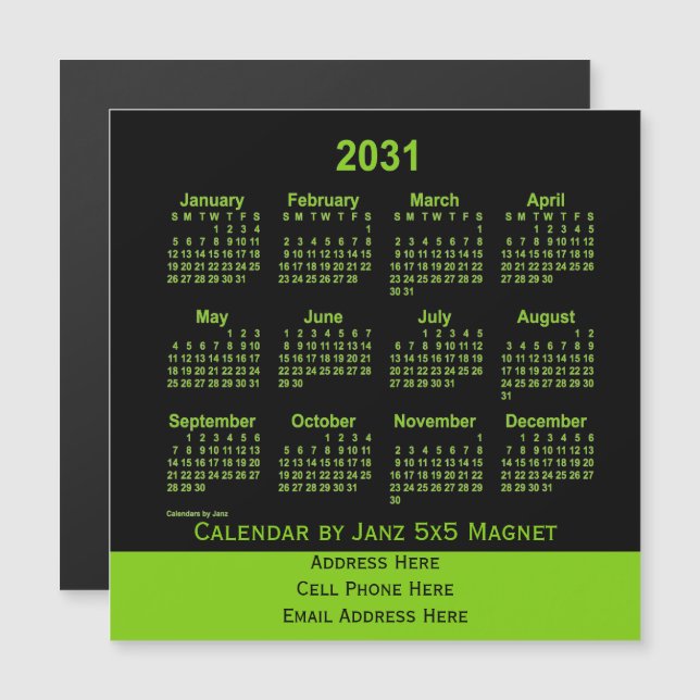 2031 års Neon Gult Grönt Business Calendar från Ja (Fram/baksida)