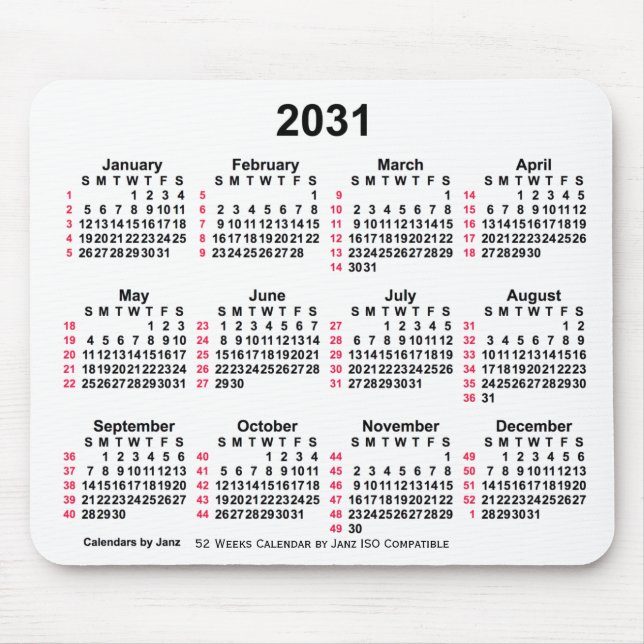 2031 Vit 52 veckor ISO-kalender från Janz Musmatta (Framsidan)