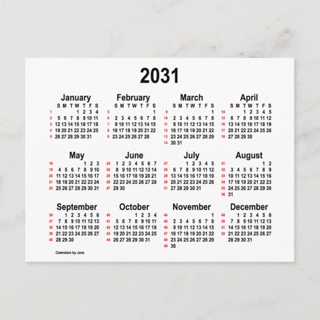 2031 Vit 52-veckors mini-kalender av Janz Vykort (Framsida)