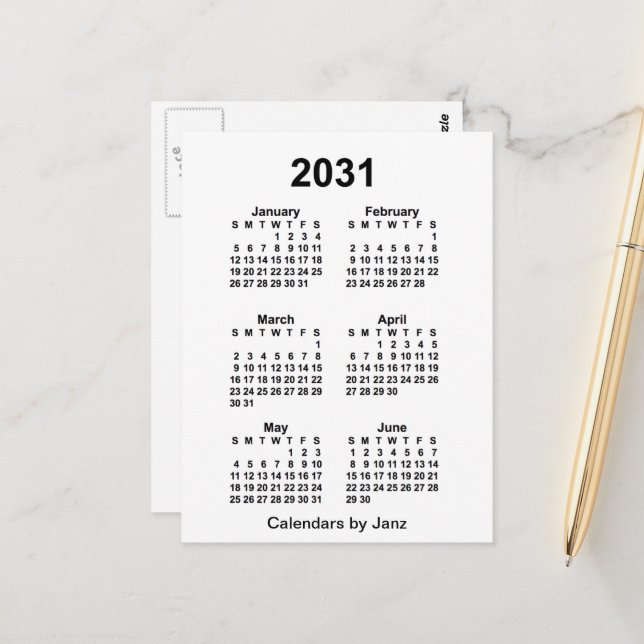 2031 Vit 6 månaders mini-kalender av Janz Vykort (Fram/Back In Situ)