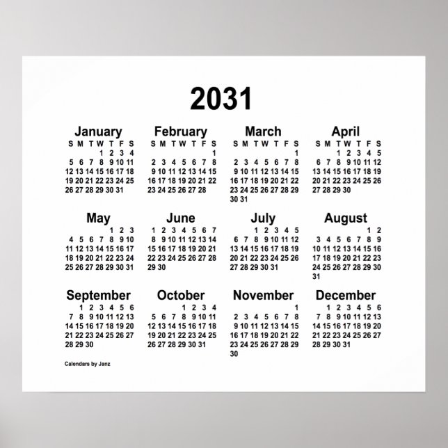 2031 Vit kalender av Janz Print Poster (Framsidan)