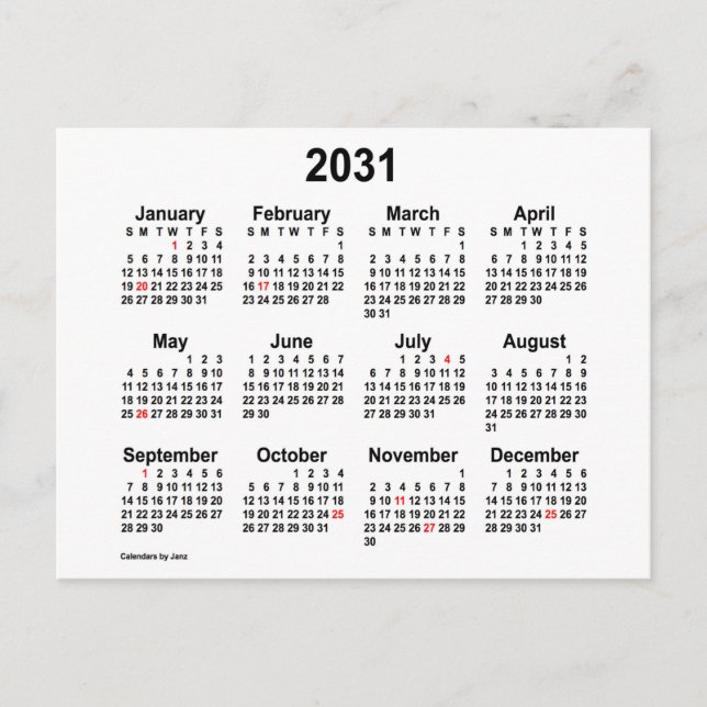 2031 White Holiday Mini Kalender av Janz Vykort (Framsida)