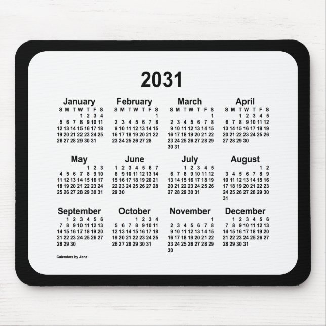 2031 White on Black Calendar från Janz Two Tone Musmatta (Framsidan)