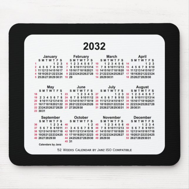 2032 Black 52 Weeks ISO Calendar av Janz Two Tone Musmatta (Framsidan)