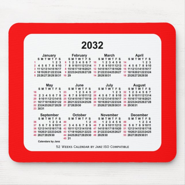 2032 Red 52 Weeks ISO Calendar av Janz Two Tone Musmatta (Framsidan)
