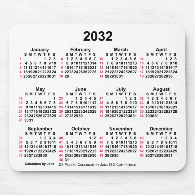 2032 Vit 52 veckor ISO-kalender från Janz Musmatta (Framsidan)