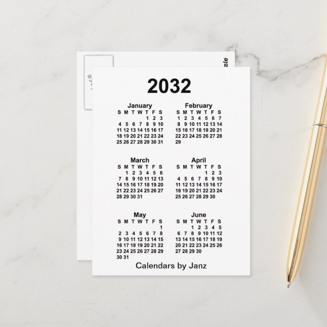 2032 Vit 6 månaders mini-kalender av Janz Vykort (Fram/Back In Situ)