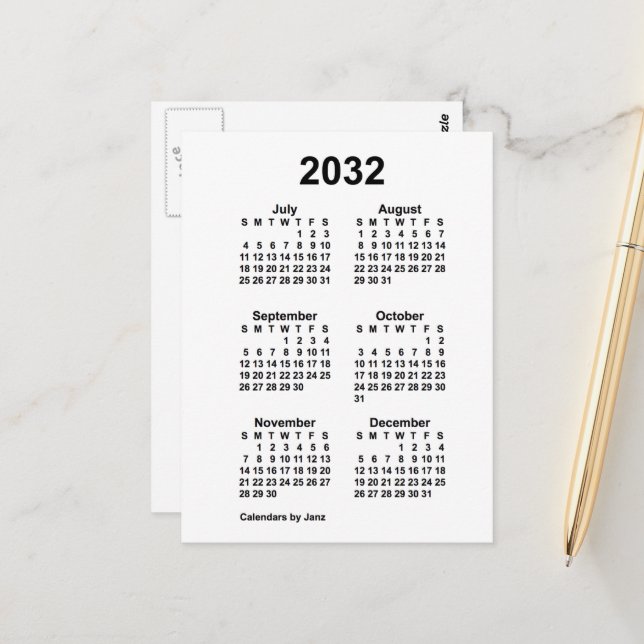 2032 Vit 6 månaders mini-kalender av Janz Vykort (Fram/Back In Situ)