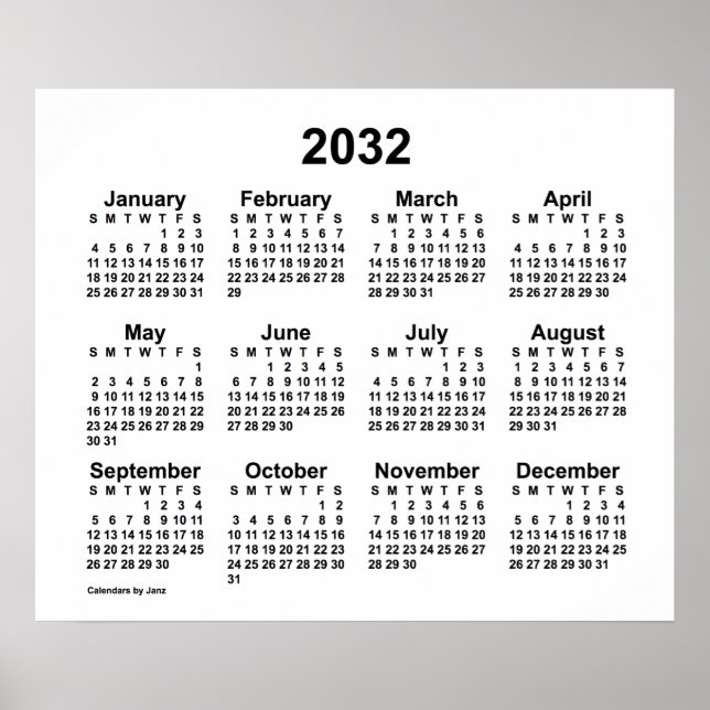 2032 Vita Kalender av Janz Print Poster (Framsidan)
