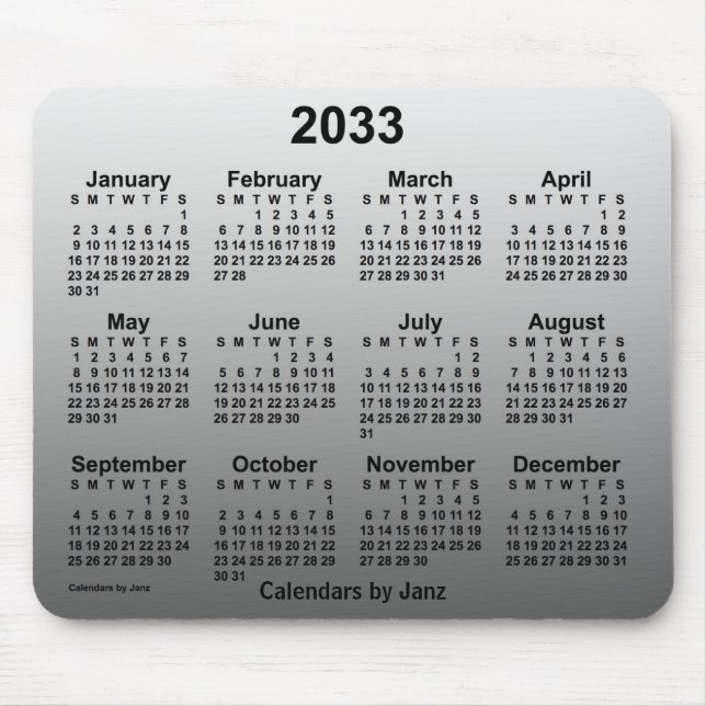 2033 års kalender i vitt från Janz Musmatta (Framsidan)