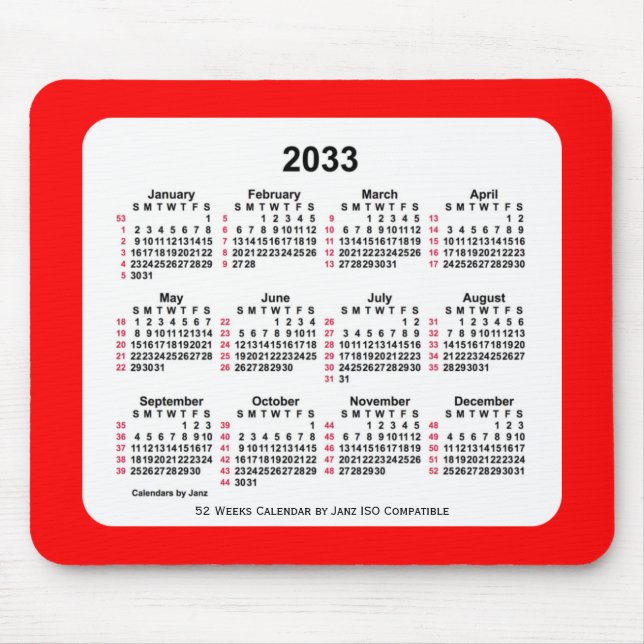 2033 Red 52 Weeks ISO Calendar av Janz Two Tone Musmatta (Framsidan)