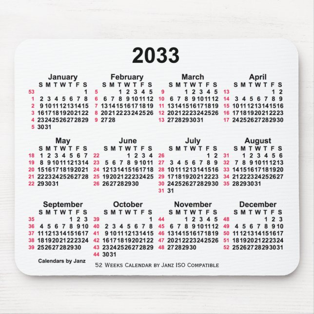 2033 Vit 52 veckor ISO-kalender från Janz Musmatta (Framsidan)