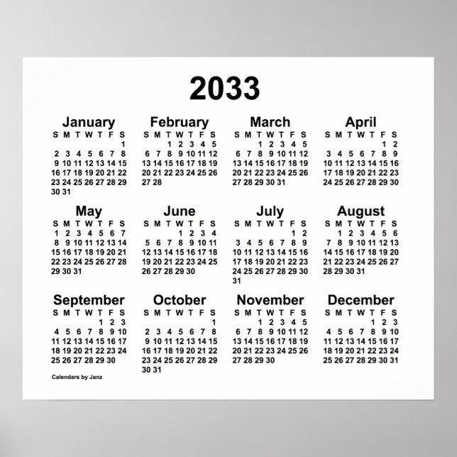 2033 Vit kalender av Janz Print Poster (Framsidan)