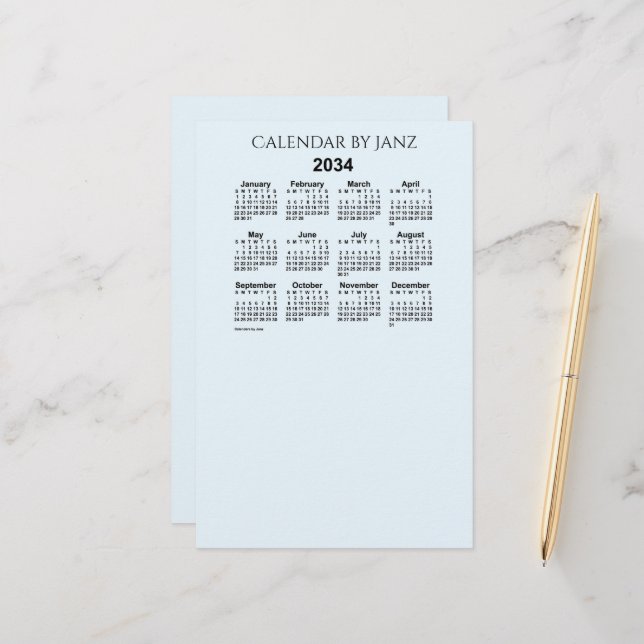 2034 Alice Blue Calendar från Janz Stationery Brevpapper (Fram/Back In Situ)