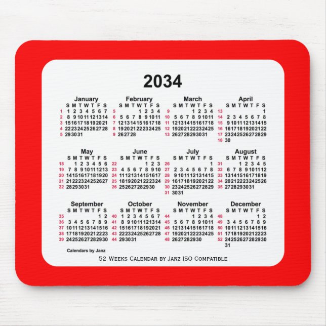 2034 Red 52 Weeks ISO Calendar av Janz Two Tone Musmatta (Framsidan)