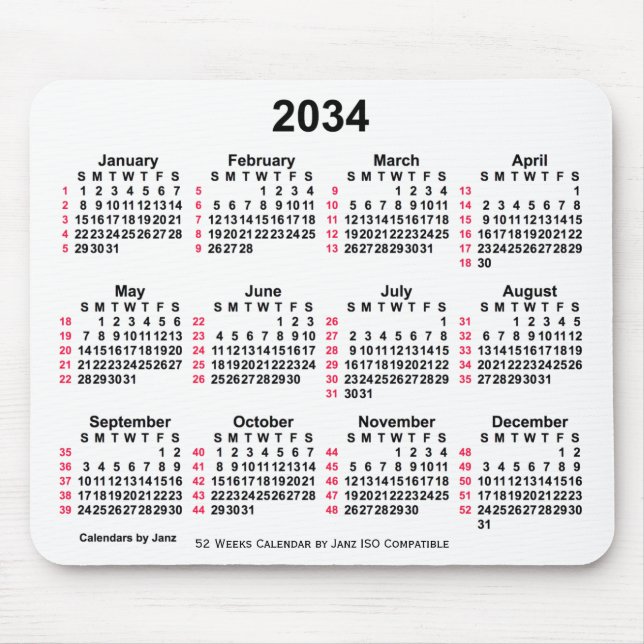 2034 Vit 52 veckor ISO-kalender från Janz Musmatta (Framsidan)