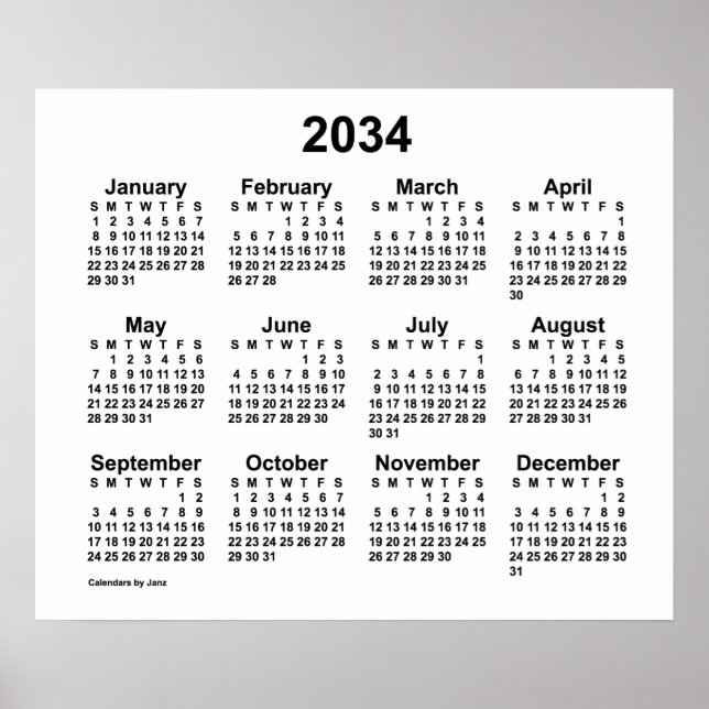 2034 Vit kalender av Janz Print Poster (Framsidan)