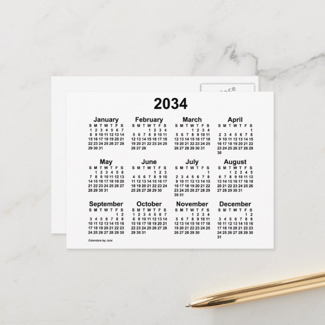 2034 Vit Mini Kalender av Janz Vykort (Fram/Back In Situ)