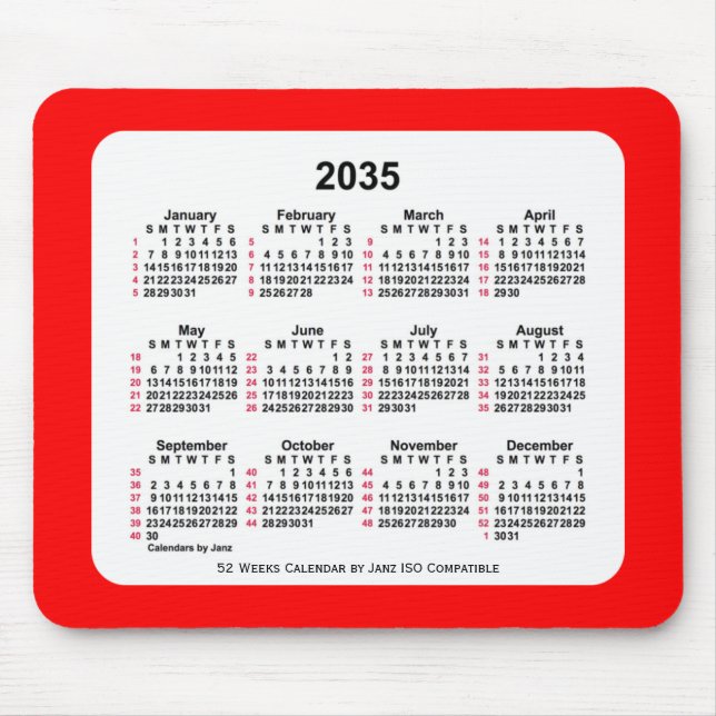 2035 Red 52 Weeks ISO Calendar av Janz Two Tone Musmatta (Framsidan)