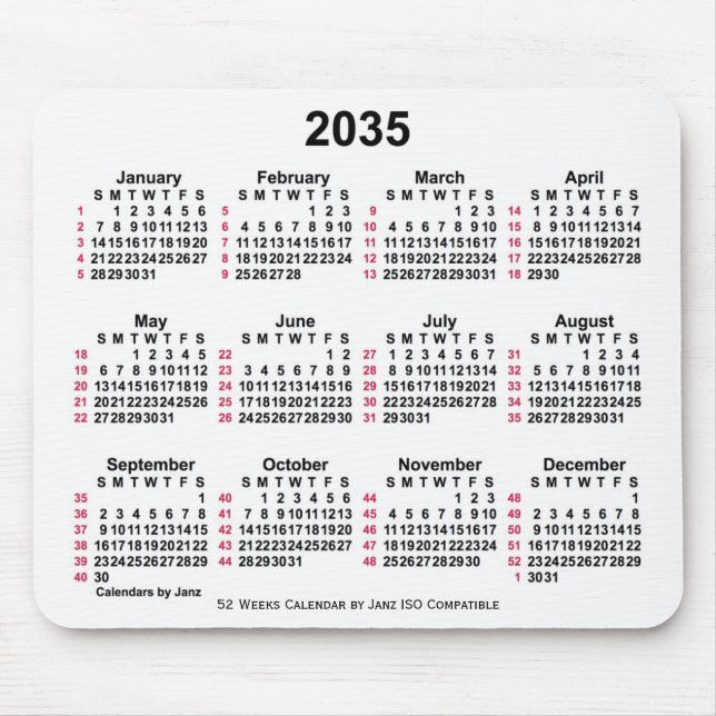 2035 Vit 52 veckor ISO-kalender från Janz Musmatta (Framsidan)