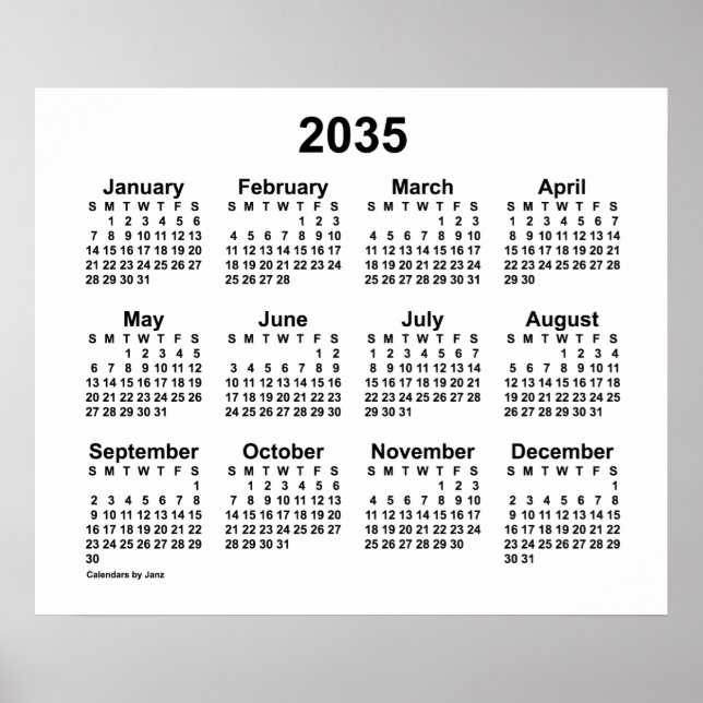 2035 Vit kalender av Janz Print Poster (Framsidan)
