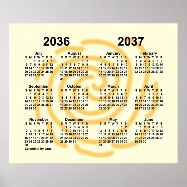 2036-2037 Soliga Dagar Skolårs Kalender av Janz Poster (Framsidan)