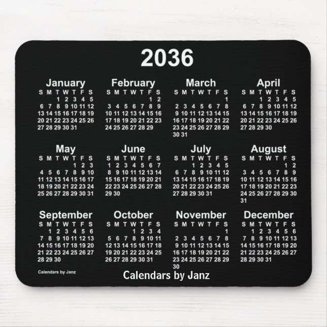 2036 Neon White Calendar av Janz Mouse Pad Musmatta (Framsidan)