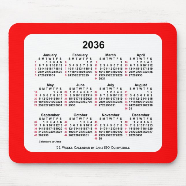 2036 Red 52 Weeks ISO Calendar av Janz Two Tone Musmatta (Framsidan)