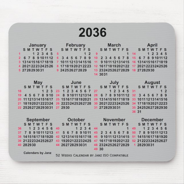 2036 Silver 52 veckor ISO Calendar av Janz Musmatta (Framsidan)