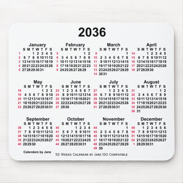 2036 Vit 52 veckor ISO-kalender från Janz Musmatta (Framsidan)