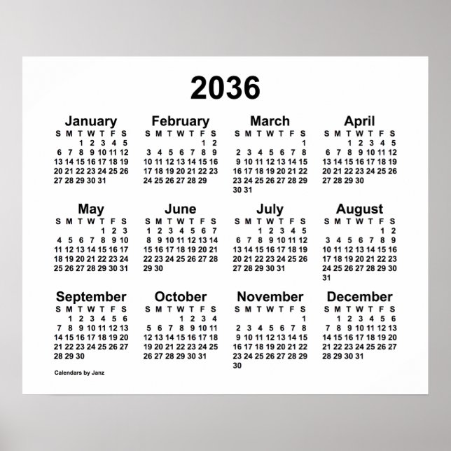 2036 Vit kalender av Janz Print Poster (Framsidan)