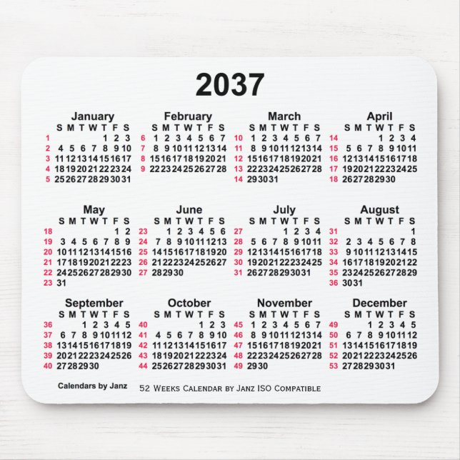 2037 Vit 52 veckor ISO-kalender från Janz Musmatta (Framsidan)