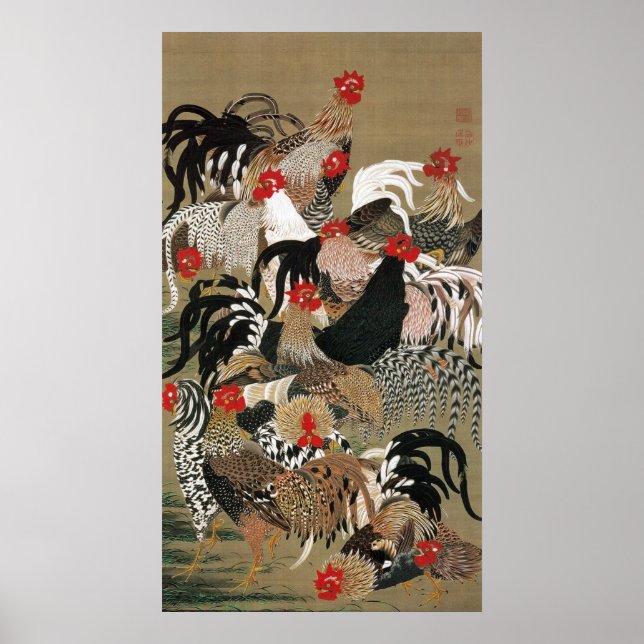 20. 群 鶏 図, 若 Tuppar, Jakuchu, 冲 Flock of Poster (Framsidan)