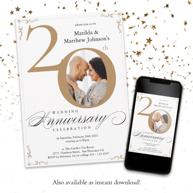 20-års bröllopsdag Vit guld kalligrafi Inbjudningar (20th Wedding Anniversary White Gold Calligraphy Invitation)