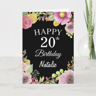 20-års födelsedag akvarell blommor svart kort