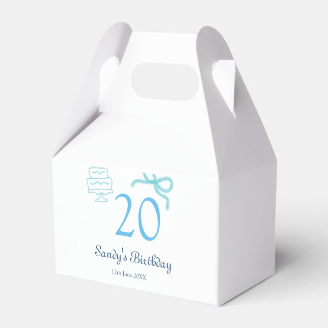 20-års födelsedag blå bowkaka namn datum pastell r presentaskar (Framsidan Sidan)