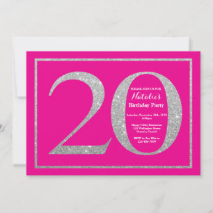 20-års födelsedag Hot Pink och Silver Glitter Inbjudningar