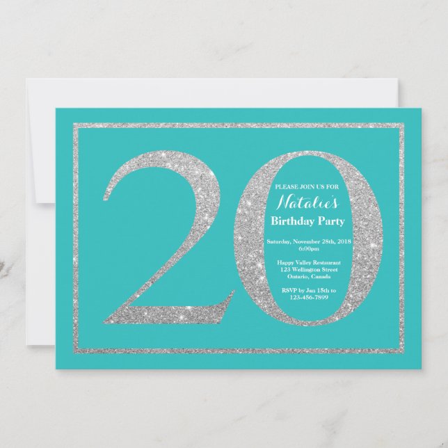 20-års födelsedagsinbjudan Teal och Silver Glitter Inbjudningar (Framsida)