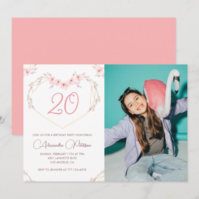 20-års födelsedagsinbjudningar Boho Floral Foto Inbjudningar (Fram/baksida)