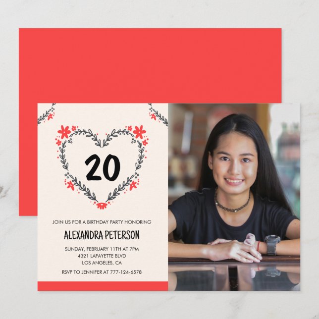 20-års inbjudningar till henne Blommig Hjarta (Fram/baksida)