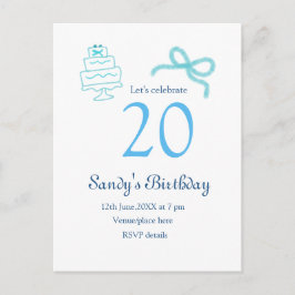 20-årsdag blå rosett kaka namn datum pastell retro meddelande vykort