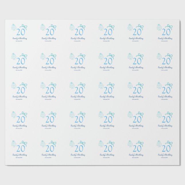 20-årsdag blå rosett kaka namn datum pastell retro presentpapper (Platt)