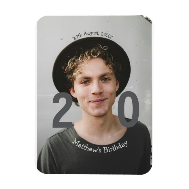 20-årsdag namn foto datum man blå vit s magnet (Vertikal)