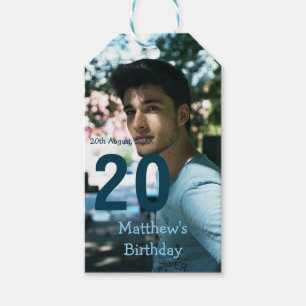 20-årsfirande lägg till namn foto datum man blå vi presentetikett
