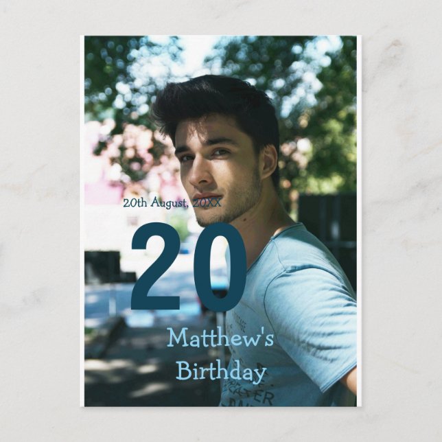 20-årsfirande lägg till namn foto datum man blå vi vykort (Framsida)