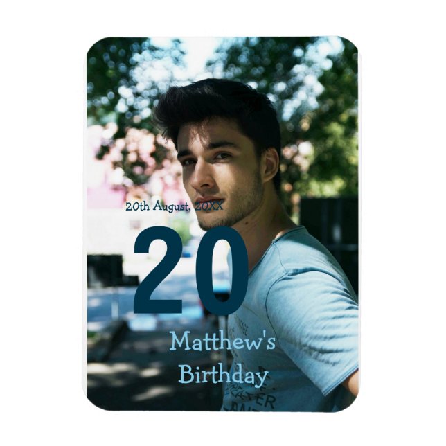 20-årsfirande tillägg namn foto datum man blå vit  magnet (Vertikal)