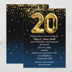 20-årsjubileet Guld Balloons and Confetti Invita Inbjudningar
