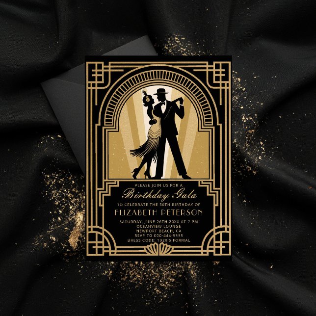 20-årsjubileum av art Deco Gatsby Förbud mot födel Inbjudningar (roaring 20s birthday party invitation art deco gatsby gold flapper frame elegant classy formal)