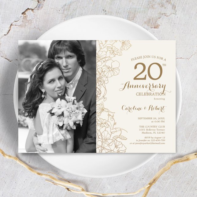 20-årsjubileum med foto - Elfenbensguld blommor Inbjudningar (Skapare uppladdad)